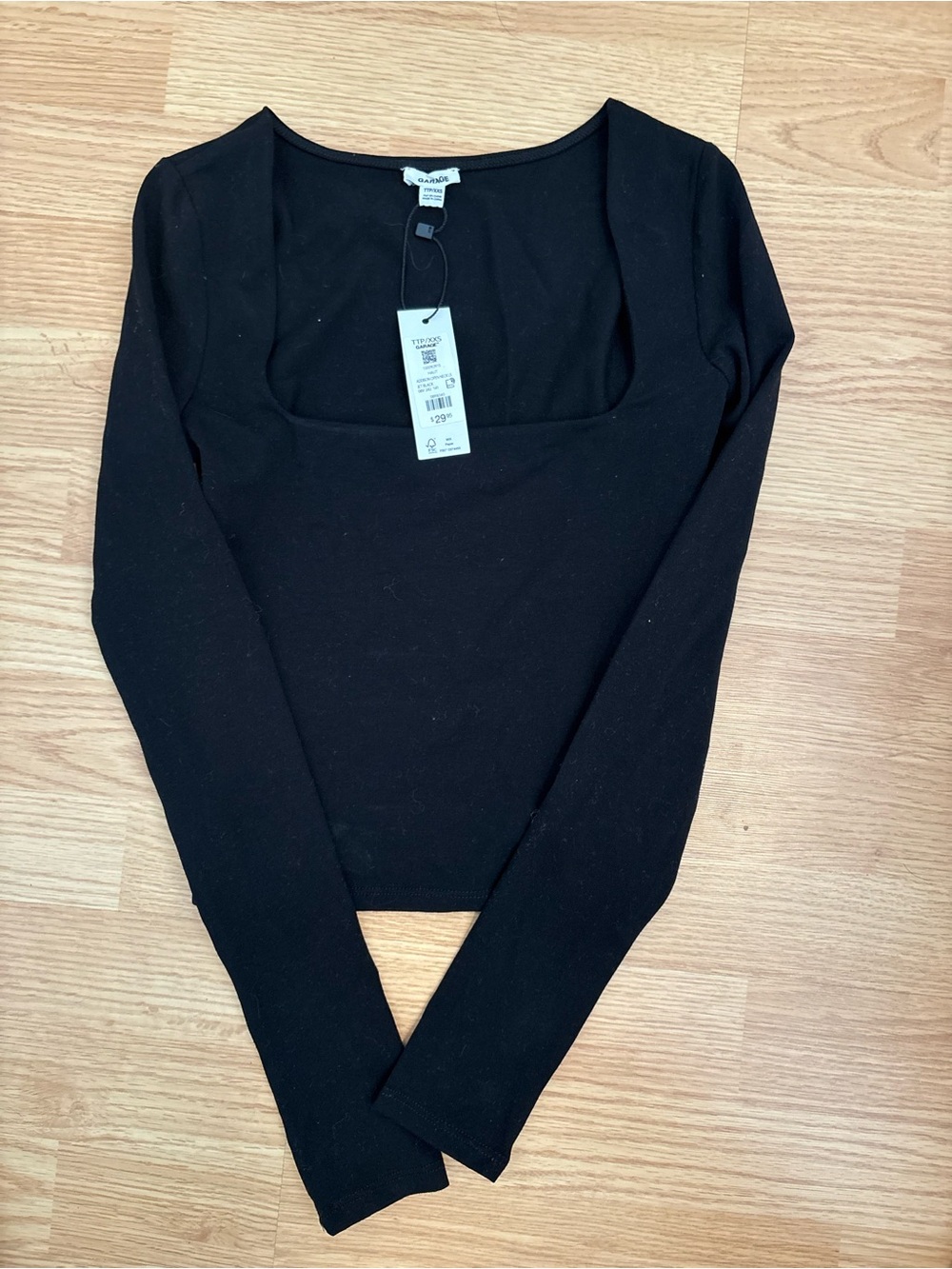 Garage Black Square Neck Long Sleeve Ribbed Top